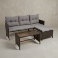 Brown PE Rattan L-Shaped Patio Sectional Set with Glass Coffee Table and Gray Cushions